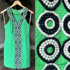 Lilly Pulitzer Trudy Shift Dress Go Go Green Navy Blue White Crochet Sorority